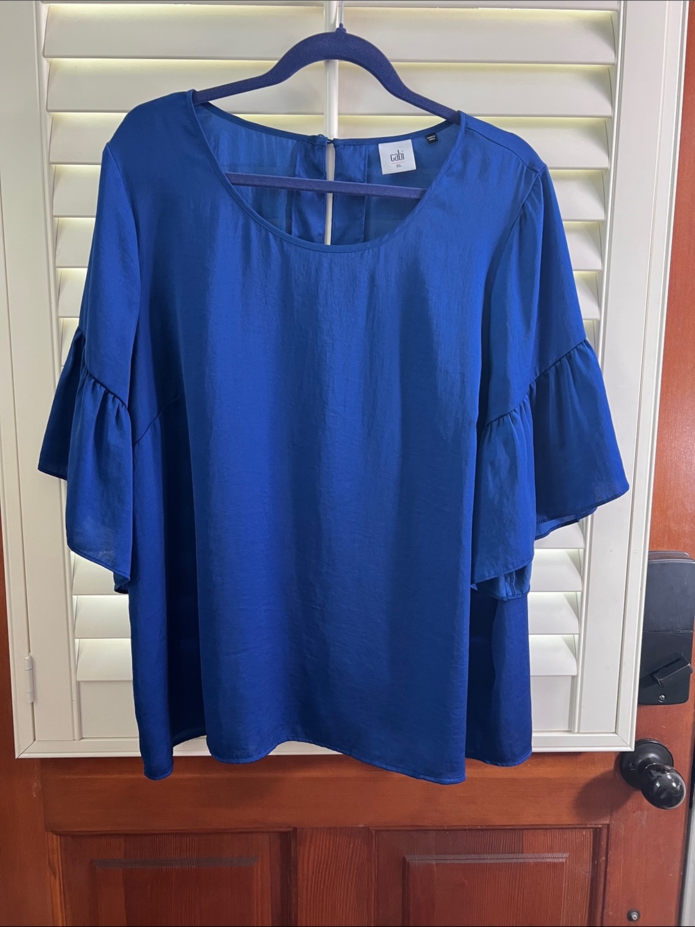 CAbi Rhyme Cobalt Blue Ruffle Sleeve Blouse